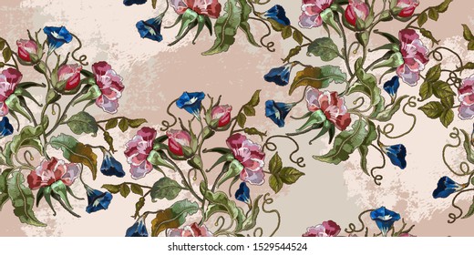 Embroidery datura spring flowers horizontal horizontal seamless pattern. Template for design of clothes. Botanical fashion art 