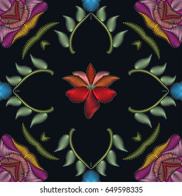 Embroidery decor, floral seamless pattern. Tribal ethnic ornament. Bandanna shawl fabric print, silk neck scarf or kerchief design. Abstract colorful background with doodle flowers and leaves