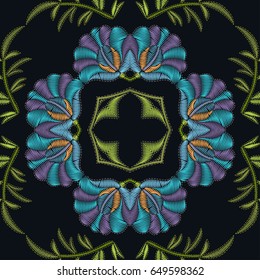 Embroidery decor, floral seamless pattern. Tribal ethnic ornament. Bandanna shawl fabric print, silk neck scarf or kerchief design. Abstract colorful background with doodle flowers and leaves