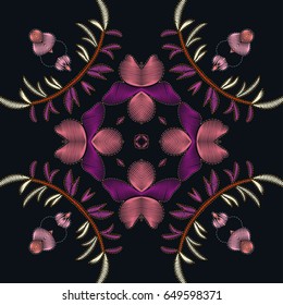 Embroidery decor, floral seamless pattern. Tribal ethnic ornament. Bandanna shawl fabric print, silk neck scarf or kerchief design. Abstract colorful background with doodle flowers and leaves