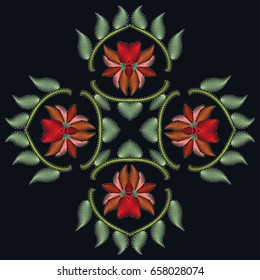 Embroidery decor, floral seamless pattern. Tribal ethnic ornament. Bandanna shawl fabric print, silk neck scarf or kerchief design. Abstract colorful backgrounnd with doodle flowers and leaves