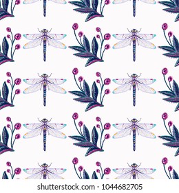 Embroidery decorative branch and beautiful dragonfly patch. Fashion patches with summer wild nature illustration embroideries. Seamless pattern backdrop. Trendy traditional art on white background.