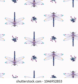 Embroidery decorative branch and beautiful dragonfly patch. Fashion patches with summer wild nature illustration embroideries. Seamless pattern backdrop. Trendy traditional art on white background.