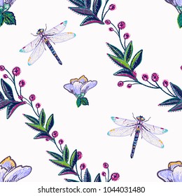 Embroidery decorative branch and dragonfly insect patch. Fashion patches with summer wild nature illustration embroideries. Seamless pattern backdrop. Trendy traditional art on white background.