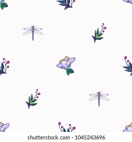 Embroidery decorative branch and dragonfly insect patch. Fashion patches with summer wild nature illustration embroideries. Seamless pattern backdrop. Trendy traditional art on white background.