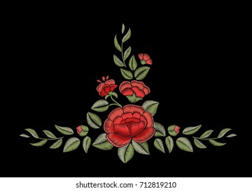 Embroidery. Decorative element. Rose and leaves.