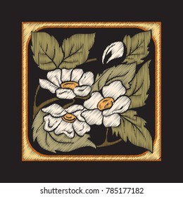 Embroidery with decorative elements in the style of ceramic tiles in art nouveau style. Stock vector illustration.