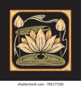Embroidery with decorative elements in the style of ceramic tiles in art nouveau style. Stock vector illustration.
