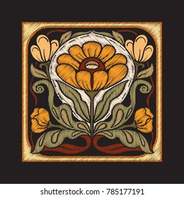 Embroidery with decorative elements in the style of ceramic tiles in art nouveau style. Stock vector illustration.
