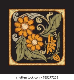 Embroidery with decorative elements in the style of ceramic tiles in art nouveau style. Stock vector illustration.
