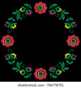 Embroidery decorative floral frame vector pattern, ornament for textile decor. Bohemian ethno handmade style background design.