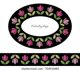 Embroidery decorative frame and border set. Ribbon with tulips added in brushes.