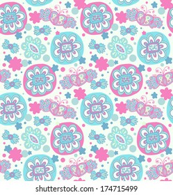 Embroidery. Decorative seamless floral pattern. Retro background with flowers, hearts and butterflies. Cute abstract texture for textile, package, crafts, wallpapers, covers
