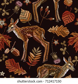 Embroidery deer, autumn seamless pattern. Classical september embroidery autumn leaves, fawn deer, oak and maple leaves. Fashionable template for design of clothes, t-shirt design 