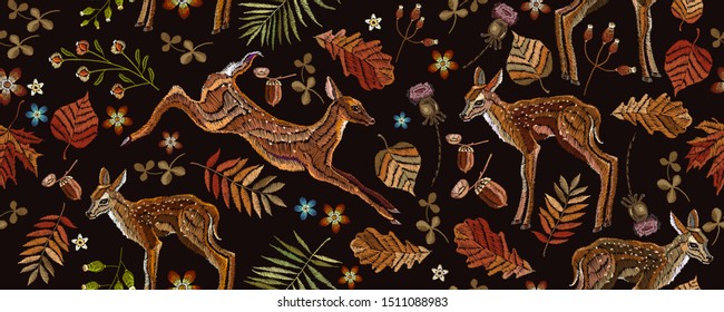 Embroidery, deers and autumn leaves horizontal seamless pattern. Classical september forest art. Fashionable template for design of clothes 