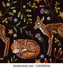 Embroidery deers and fox seamless pattern. Classical forest embroidery autumn leaves, spring flowers, deers outdoors seamless pattern. Template for design of clothes, t-shirt design 