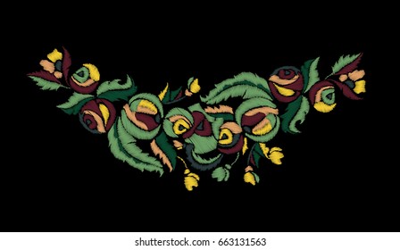 Embroidery  design apples with leaves and flowers. Foliage of an apple tree on a dark background vector illustration.