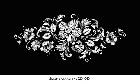 Embroidery Design in Baroque Style. Independent composition with flowers and leaves. Vector