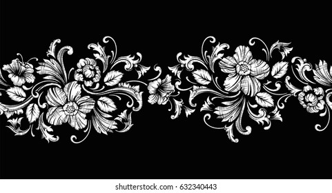 Embroidery Design in Baroque Style. Seamless border with flowers and leaves. Vector