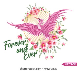 Embroidery design, bird and flowers