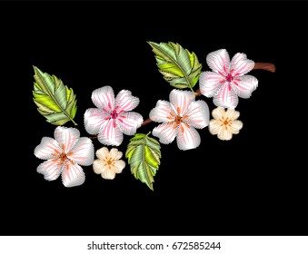 Embroidery design blossom apple branch for clothes decorating.