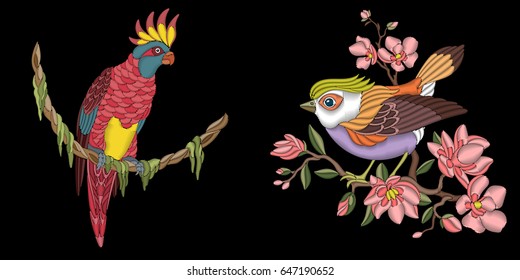 Embroidery design. Collection of embroidered artwork elements for fabric and textile prints, patches, stickers. Set of pink cockatoo parrot and sparrow bird sitting on cherry blossoming tree branch.