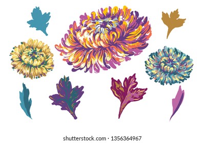 Embroidery design. Collection of floral elements for fabric and textile prints, patches, stickers. Set of beautiful embroidered fashion ornaments of aster flowers.
