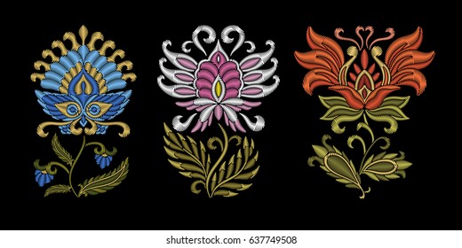 Embroidery design. Collection of floral elements for fabric and textile prints, patches or stickers. Beautiful ethnic flowers ornament in traditional Ukrainian decorative painting style of Petrykivka.