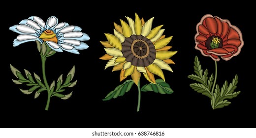 Embroidery design. Collection of floral elements for fabric and textile prints, patches, stickers. Set of beautiful embroidered fashion ornaments of white daisy, yellow sunflower and red poppy flower.