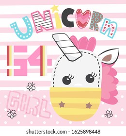 Embroidery design, Cute unicorn girl head with butterfly on pink and white striped background illustration vector.