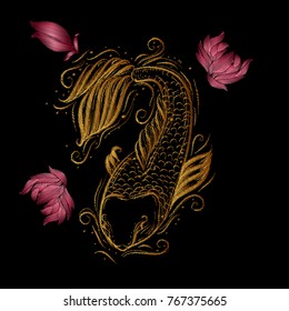 Embroidery design element with carp Koi and peonies. 