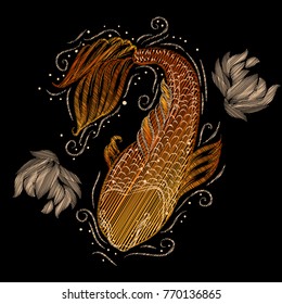 Embroidery design element with carp Koi and peonies.