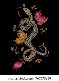 Embroidery design element with snake and peonies.