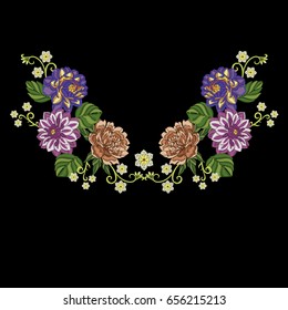 Embroidery design. Embroidered collection of dahlia, peony and chrysanthemum flowers for fabric pattern, textile print, patch or sticker. Symmetric floral elements for dress neckline, t-shirt, blouse.