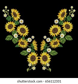 Embroidery design. Embroidered sunflowers and daisy flowers for fabric pattern, textile print, patch or sticker. Floral elements for dress, t-shirt or blouse.