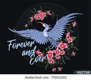 Embroidery design, flowers and flying bird
 illustration vector 