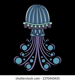 Embroidery design. Jellyfish. Embroidered pattern for patches or stickers, fabric and textile prints.