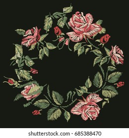 Embroidery design with Place for text. Red pink roses wreath. Vector illustration