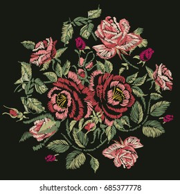 Embroidery design. Red pink roses. Vector illustration