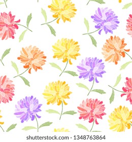 Embroidery design. Seamless pattern with colorful chrysanthemum flowers on white background.