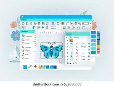 Embroidery Digitizing Software. Tools for converting graphics into stitch patterns. Vector illustration
