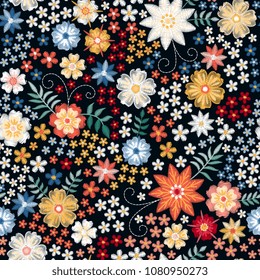 Embroidery ditsy floral seamless pattern. Beautiful summer flowers and leaves on black background. Vector illustration. Fashion design.