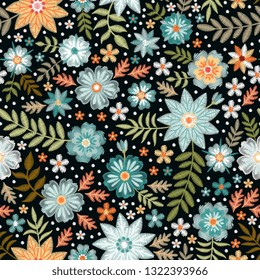 Embroidery ditsy seamless pattern with beautiful wild flowers. Floral print for fabric and textile. Vector embroidered illustration.