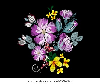 Embroidery dog-rose, ethnic ornament for the neck, bags, jeans, shirts, T-shirts. Vector illustration.