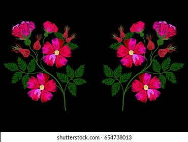 Embroidery dog-rose on a black background for your design clothes, bags. Vector illustration.