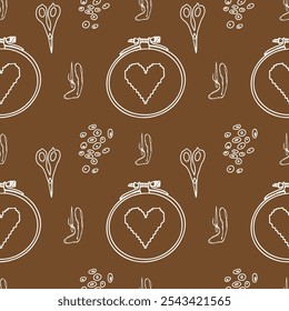 Embroidery doodle seamless pattern. Vector artwork about needlework, hoops, thread and scissors. White line on the brown background. Textile with heart shape. Use it for paper, fabric and clothing.