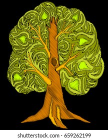 Embroidery doodle tree with leaves isolated on black background.