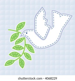 Embroidery. Dove of peace with olive branch in appliqué stitch on quilted pastel blue background. International symbol of friendship and harmony. EPS8 compatible.