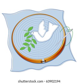 Embroidery, Dove of Peace, olive branch, blue linen applique, wood hoop, needle and thread, isolated on white background. International symbol of friendship and harmony. EPS8 compatible.