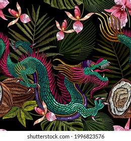 Embroidery dragon, coconut and tropical orchid flowers seamless pattern. Summer jungle art. Fashion template for clothes, textiles, t-shirt design
